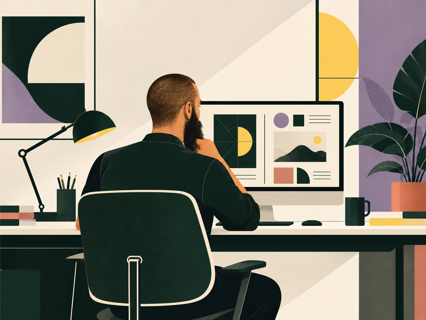 Stylized illustration of Davide Mancini seen from behind while working at his desk.